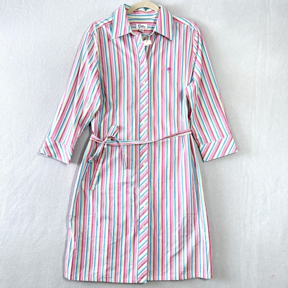 Vintage Lilly Pulitzer Dress Womens 14 Colorful Stripe Button Shirtdress Tie NWT